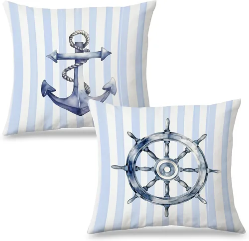 Vista 13 de Fundas de almohada costeras de langosta, fundas de almohada náuticas de langosta roja de Nueva Inglaterra con rayas azules y blancas para casa