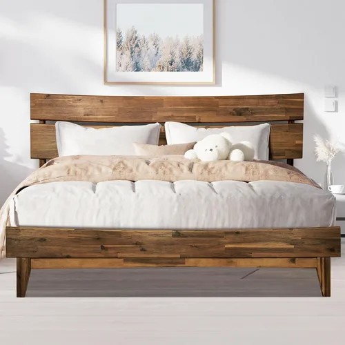 Vista 11 de Acacia Aurora - Marco de cama con cabecero, cama de plataforma de madera 100% maciza, estilo de cama escandinavo con todos los colchones Caramelo