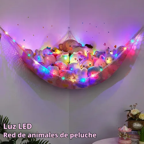 Vista 6 de Basumee Hamaca de animales de peluche con luz LED, organizador de red de juguetes de peluche, organizador de esquina para almacenamiento de animales
