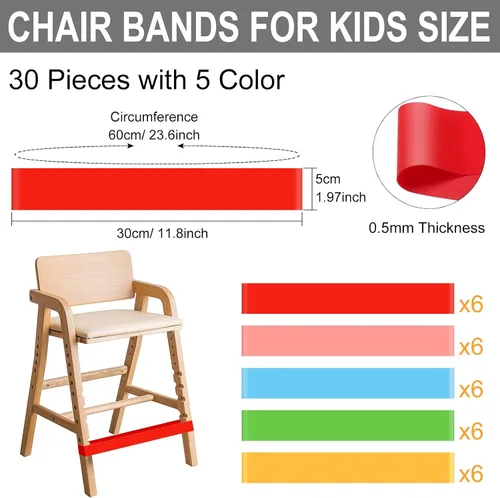 Vista 2 de PLULON Paquete de 30 bandas para sillas para niños con pies inquietos, coloridas bandas para la ansiedad para sillas de escritorio, bandas elásticas