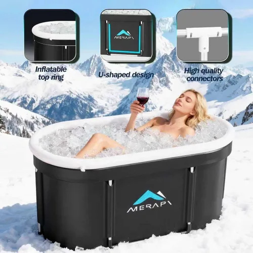 Vista 3 de Merapi Bañera de hielo XL para adultos, bañera fría de 131 galones, bañera de baño de hielo portátil ovalada grande de 46 pulgadas, inmersión fría
