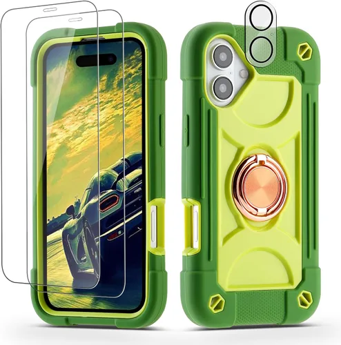 Vista 17 de Funda para iPhone 11 de 6.1 pulgadas con soporte de anillo, con 2 protectores de pantalla de vidrio, resistente a los golpes, resistente a