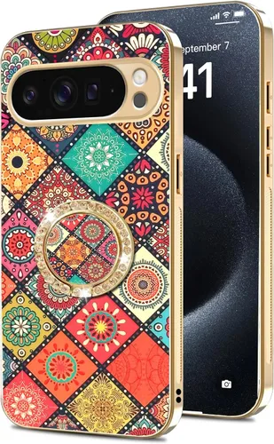 Vista 34 de nancheng Funda para Google Pixel 6 de lujo, diseño de abeja, corazón y abeja, chapado en oro, con anillo de diamante de 360°, correa de cordón