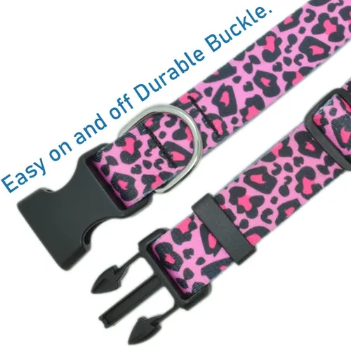 Vista 4 de Bonito collar de perro para una perra, resistente y duradero con diseño de leopardo rosa, collares de perro para perros grandes, collar de poliéster