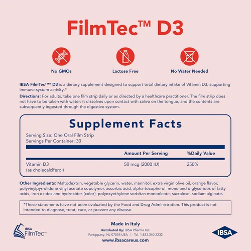 Vista 5 de Ibsa FilmTec D3 - Suplemento dietético - 2000 UI de vitamina D3-30 películas disolventes orales para liberación inmediata y tolerabilidad - Sin