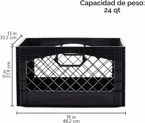 Vista 6 de Caja rectangular de plástico para almacenamiento tipo crate para leche con asas, organizador apilable de 24 cuartos de galón para garaje, hogar