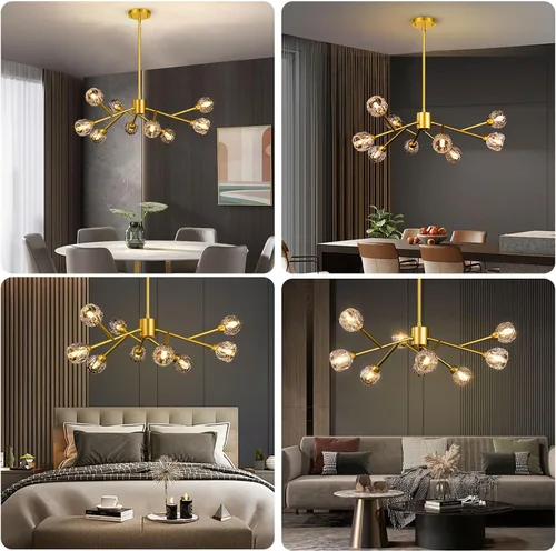 Vista 7 de 9-Light Sputnik Chandeliers, Gold Dining Room Light Fixture Over Table, Modern Crystal Chandelier, Brass Farmhouse Ceiling Light Fixture Hanging for