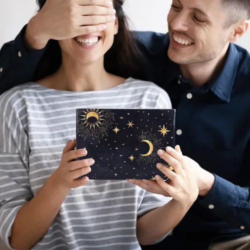 Vista 7 de 12 hojas de papel de regalo de galaxia, cielo nocturno negro, envoltura de regalo a granel, luna, estrella, papel decorativo de arte