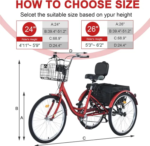Vista 9 de Triciclo para adultos mejorado, triciclo de 7 velocidades para adultos con cestas delanteras y traseras, bicicletas de 3 ruedas para adultos