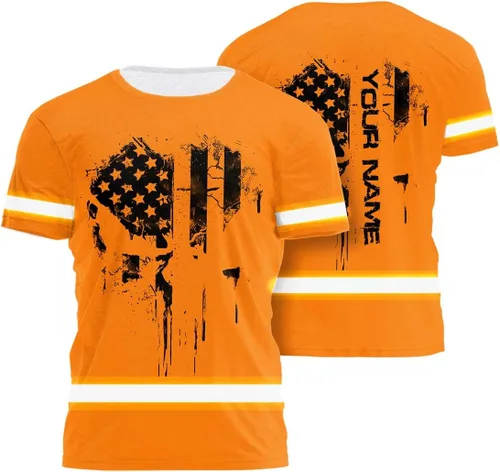 Vista 29 de Camisa de alta visibilidad de calavera con bandera de Estados Unidos para hombres, camisas de seguridad con nombre personalizado, ropa de trabajo