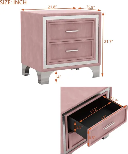 Vista 3 de Mesita de noche de terciopelo con 2 cajones, mesa auxiliar con almacenamiento, cómoda pequeña, muebles de mesita de noche, mesita de noche con patas