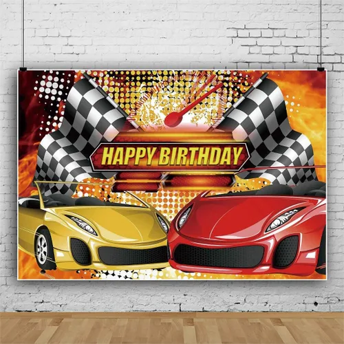 Vista 3 de Yeele Telón de fondo con temática de coche de carreras de 5 x 4 pies, color rojo y amarillo, bandera de campeón, fondo de fotografía, fiesta