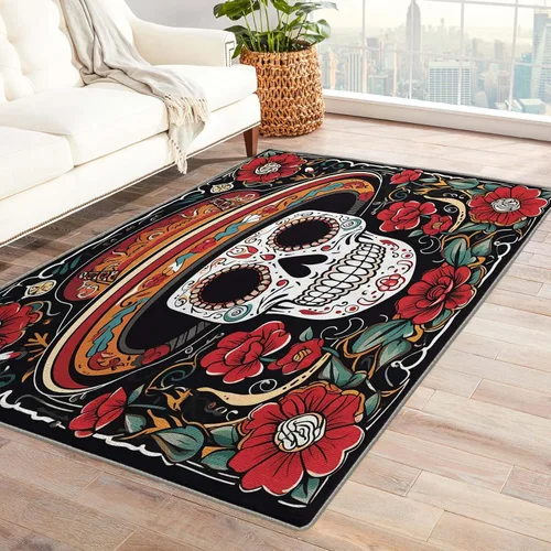 Vista 10 de Alfombra de Día de los Muertos de 2 x 3 pies, alfombra mexicana para entrada, alfombra de día de los muertos, decoración de habitación de niños