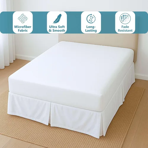 Vista 4 de Falda de cama plisada tamaño Full, fácil ajuste con caída entallada de 8 pulgadas, microfibra sin arrugas, ligera, aspecto clásico y limpio (blanco)