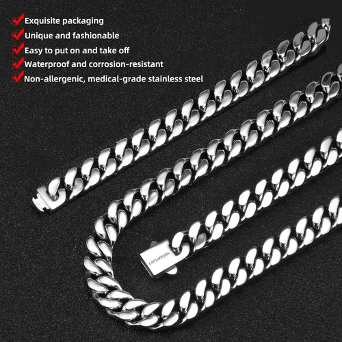 Vista 4 de CaptainSteeL Collar de cadena cubana Miami para hombres y mujeres, acero inoxidable 316L de 50.354in de ancho, 18"20"22"24" de largo, joyería de hip