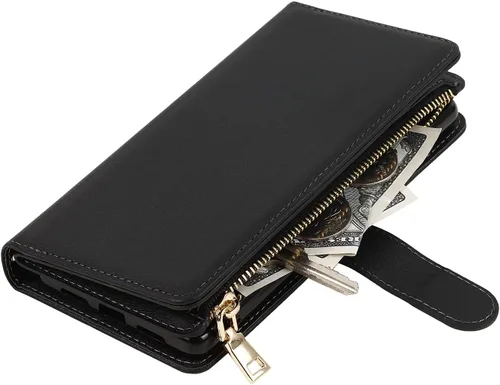 Vista 7 de Cavor Funda tipo cartera cruzada para Samsung Galaxy S22 Plus, color negro Funda de cuero con cierre magnético con cremallera y función atril TPU