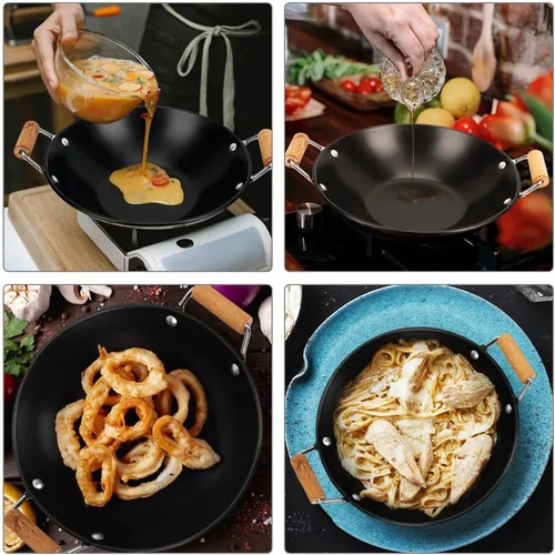 Vista 8 de HEMOTON Utensilios de cocina de metal Uso diario Wok Alimentos Doble Mango Olla Caliente Cocina Wok Olla Antiderrames