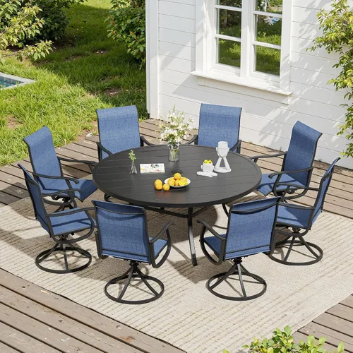 Vista 58 de VICLLAX Muebles pequeños de exterior de 3 piezas, 2 sillas giratorias de patio y mesa redonda pequeña para 2, sillas de carbón oscuro y negro