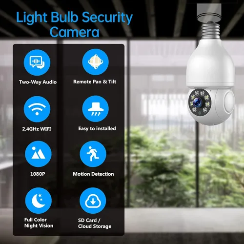 Vista 6 de Cámara de seguridad con bombilla WiFi de 2.4 GHz, cámara de enchufe de luz de 1080P, cámara de seguridad inalámbrica para interiores y exteriores