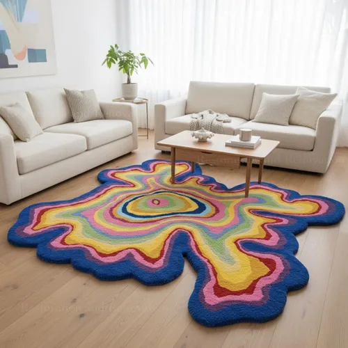 Vista 8 de Alfombra de lana hecha a mano con forma irregular de Restauración y Renovación Alfombra moderna de rayas coloridas de primera calidad perfecta