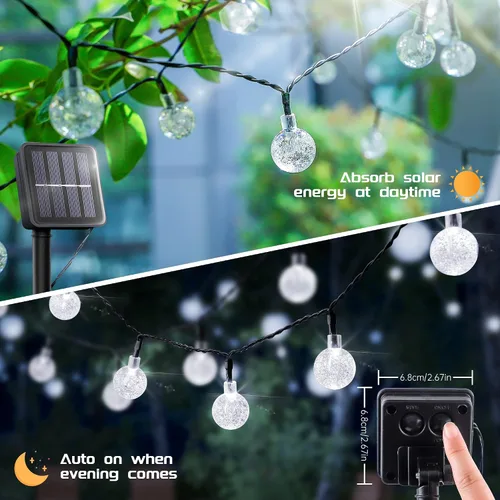Vista 3 de Paquete de 2 tiras de 30 luces LED solares de 20 pies para exteriores, luces de globo de cristal con 8 modos de iluminación, luces solares Blanco