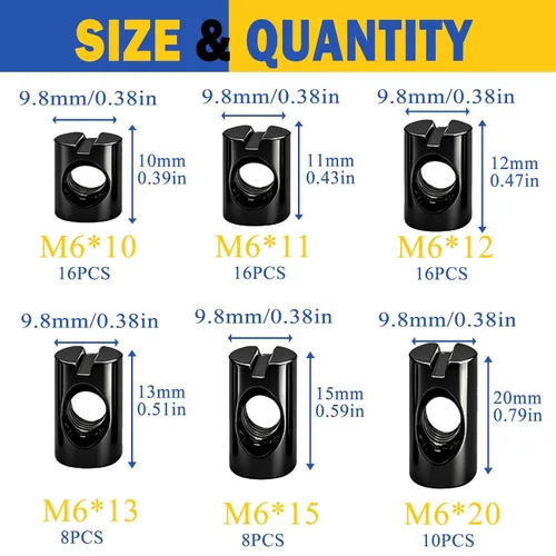 Vista 2 de 74 PIEZAS Tuercas de Barril M6 Negras Métricas con Ranuras para Muebles, Kit de Tuercas M6 x 11mm/12mm/13mm/15mm/20mm