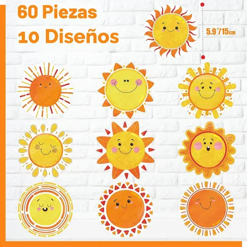 Vista 2 de 60 piezas de recortes de sol, 10 diseños de decoración de tablón de anuncios, recortes de sol, manualidades, proyectos de primavera, verano
