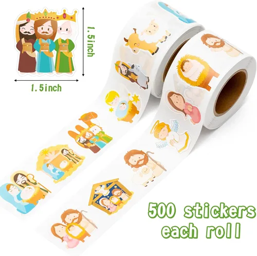 Vista 2 de 1000 rollos de calcomanías de educación religiosa (2 rollos), 1.5 pulgadas, 18 diseños de dibujos animados de Navidad, calcomanías de escena