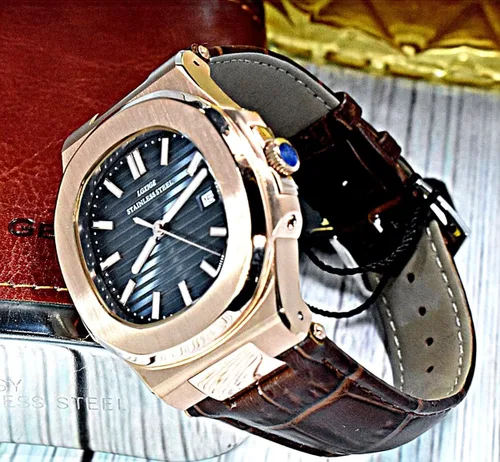 Vista 4 de TIME WARRIOR LGXIGE 2019 Reloj elegante de cuarzo para hombre, correa de cuero, analógico, estilo Patek, Oro, Movimiento de cuarzo
