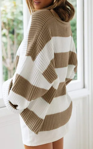 Vista 3 de ZESICA Suéter de punto de manga larga para mujer, cuello redondo, a rayas, bloque de color, cómodo, holgado, de gran tamaño, para otoño 2024