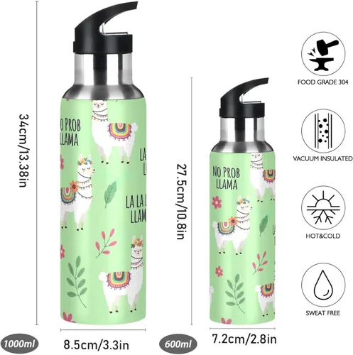 Vista 2 de Cute Llamas Flowers Green Insulated Stainless Steel Water Bottle with Straw 32 Oz, BPA-Free Sport Water Bottle Insulated Leakproof Water Bottles