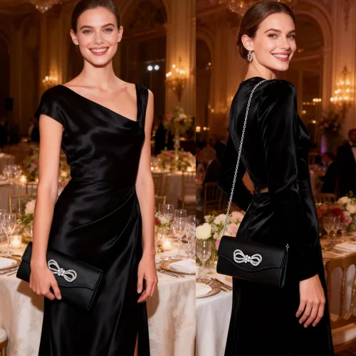 Vista 2 de Bolso de noche para mujer, con lazo de cristal brillante, con solapa, bolso de mano para mujer, boda, fiesta, baile de graduación