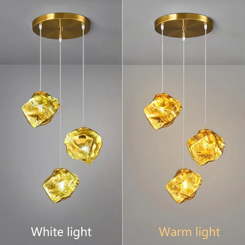 Vista 2 de Modernas luces colgantes doradas para isla de cocina, mini lámparas colgantes de vidrio, lámpara creativa de imitación irregular con forma de piedra