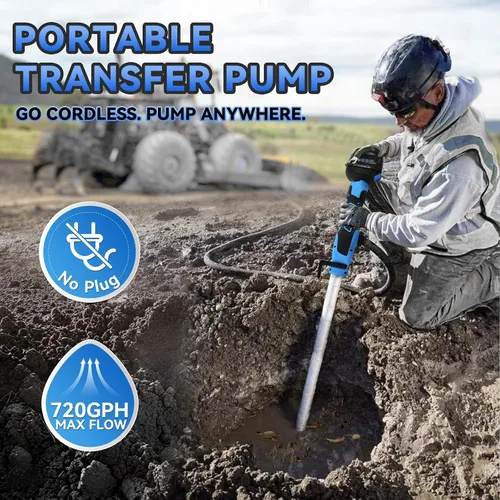 Vista 2 de Bomba de transferencia de agua inalámbrica de 720 GPH 32 pies con cabezal incluido, batería de 2 x 4000 mAh 21 V y cargador de 90 minutos de tiempo