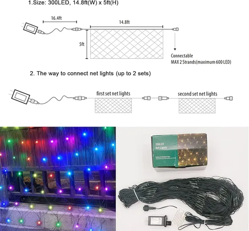 Vista 7 de OYCBUZO 300 luces LED de red de Navidad, 14.8 pies x 5 pies, luces de malla para exteriores, 8 modos, cable verde, tira de luces conectables