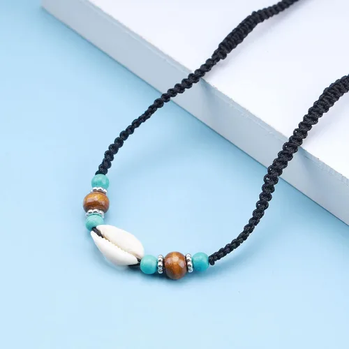 Vista 4 de Iaceble Gargantilla de concha bohemia, collar de gargantilla con cuentas de turquesa, collar de clavícula trenzado de concha de cauri, collar