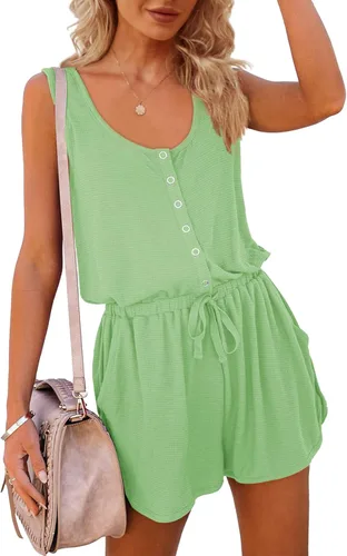 Vista 3 de Mafulus Enterizo de verano para mujer, con cuello redondo y botones, sin mangas, cintura ajustable y bolsillos