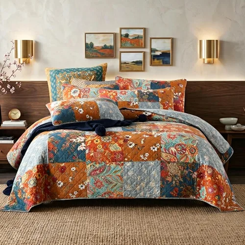 Vista 13 de Juego de ropa de cama de algodón, juego de colcha reversible de 3 piezas, edredón vintage con diseño floral de mosaico, colcha blanca, tamaño queen