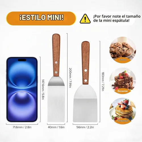 Vista 3 de Juego pequeño de espátulas de metal, mini espátulas de madera para uso en la cocina, pequeña espátula sólida de parrilla de acero inoxidable