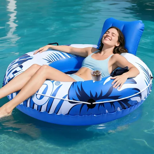 Vista 9 de Flotador inflable de tubo de río, flotador de piscina para adultos, tubos de río para flotar resistente con parte inferior de malla, respaldo cómodo