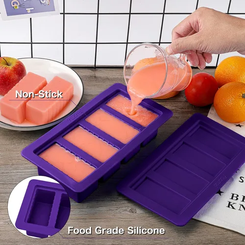 Vista 2 de Molde de mantequilla con tapa, recipiente de silicona para mantequilla con espátula, moldes de silicona antiadherentes para hacer 4 formas de barra