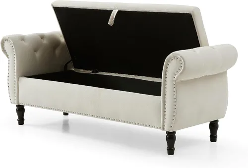 Vista 6 de Banco de almacenamiento rectangular de terciopelo de 63 pulgadas, taburete otomano, con botones copetudos, bancos de ventana con ribete de cabeza
