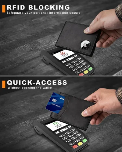 Vista 28 de Billetera AirTag para hombre, de piel auténtica plegable con bloqueo Rfid AirTag con ranuras para efectivo y ventana de identificación, compatible