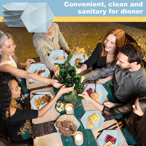 Vista 5 de Paquete de 30 platos de papel desechables de 8 pulgadas, platos de papel hexagonal azul, platos de postre 100% biodegradables para bodas