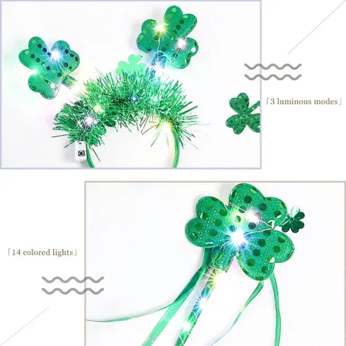 Vista 5 de DRESBE Juego de disfraz del Día de San Patricio, diadema de trébol LED verde, falda de palo de hada iluminada, traje de festival irlandés