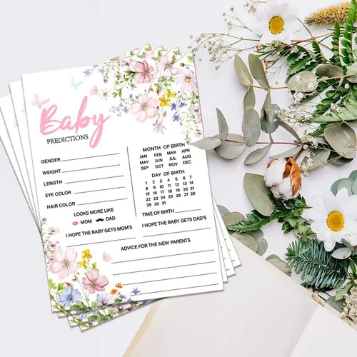 Vista 5 de 50 tarjetas de predicción de bebé para juegos de baby shower, tarjetas de deseos y consejos de flores silvestres con caja para decoraciones de baby