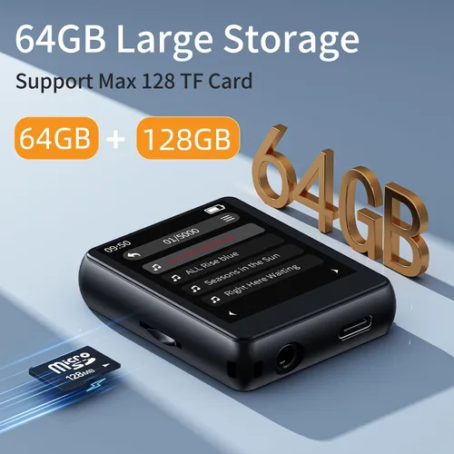 Vista 3 de Reproductor MP3 de 64 GB con Bluetooth, pantalla táctil completa, reproductor MP3 de música portátil, altavoz HD integrado, radio FM, grabadora