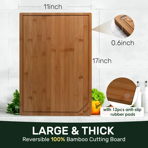 Vista 3 de Kikcoin Tablas de cortar de bambú carbonizado profundo de 17 x 11 pulgadas para cocina, tablas de cortar de madera saludable para cocina, embutidos