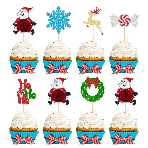 Vista 35 de Gyufise 24 piezas Adornos de pastel para revelación de género de Navidad con purpurina, sombrero navideño de Navidad, adorno de pastel de él o ella