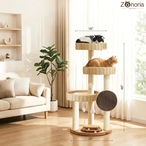 Vista 7 de Árbol de madera maciza para gatos grandes, torre moderna para gatos de 48 pulgadas con cestas tejidas a mano, condominio para gatos de varios